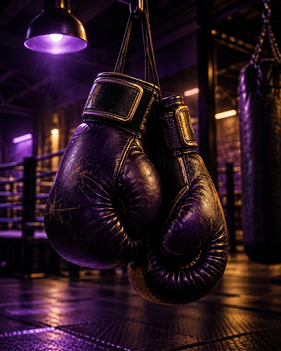 Par de luvas de boxe usadas penduradas dentro da academia