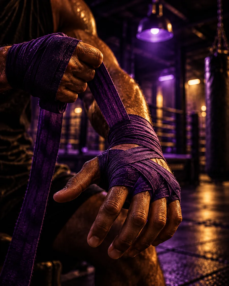 Mãos sendo preparadas com bandagens em uma academia de boxe